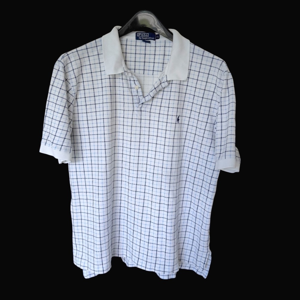 80's‎ Polo Ralph Lauren XL White Blue Grid Check Plaid Cotton Pique Polo Shirt